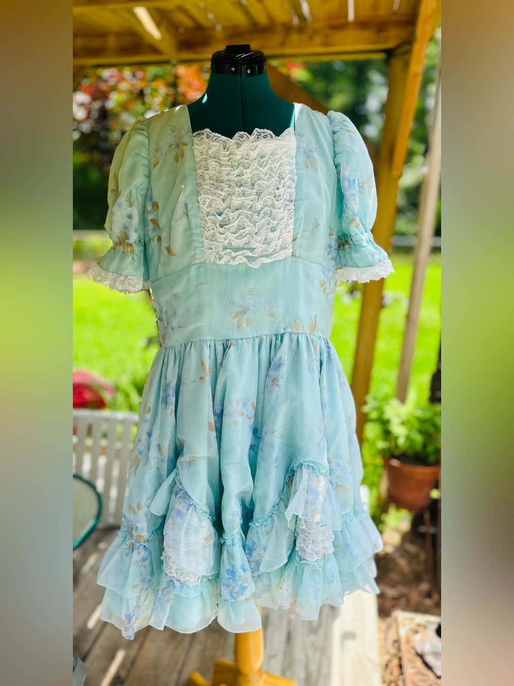 VINTAGE SQUARE DANCE PRAIRIE DRESS Mint Floral Ruffles Size 12/14